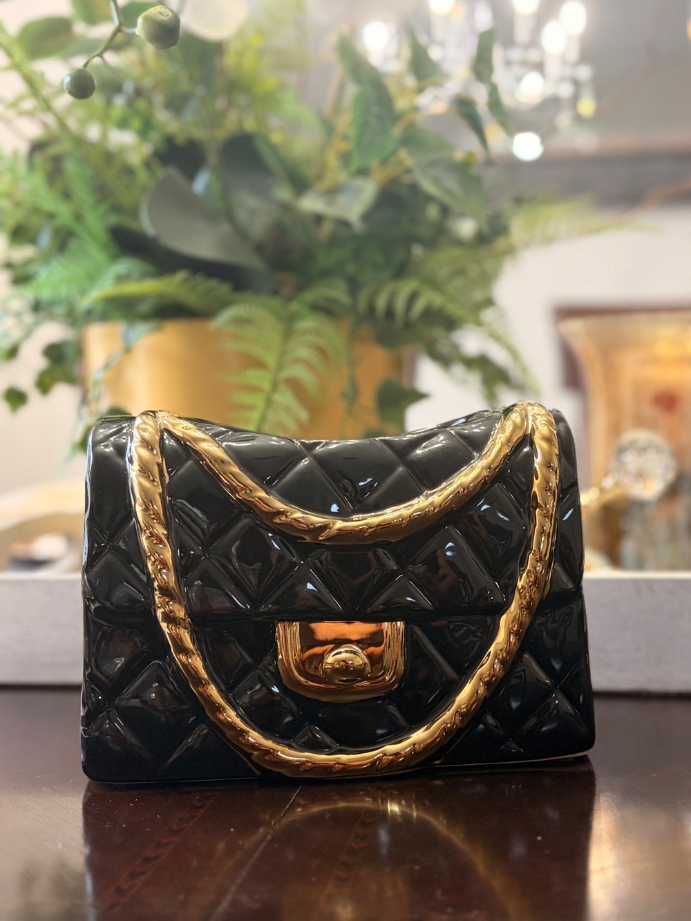 Elegant Ceramic Black Quilted Chain Bag Vase with Gold Hardware - Picture 4 of 10